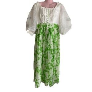 Vintage Sylvia Ann Dress Womens 16 Green Floral Maxi Puff Sleeve Prairie 70s